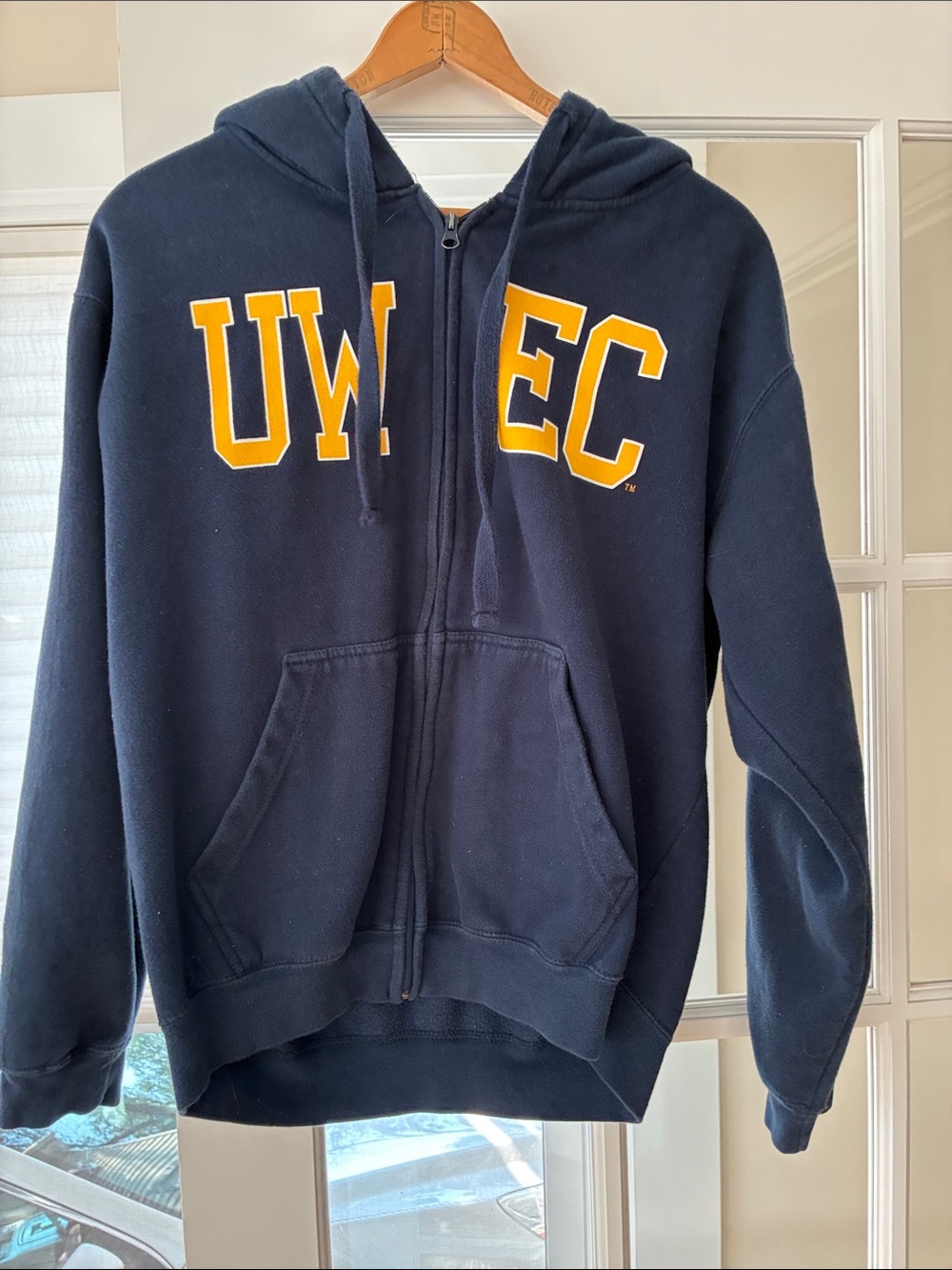 UW-Eau Claire Men's Navy Zip-Up Hoodie with Gold Lettering